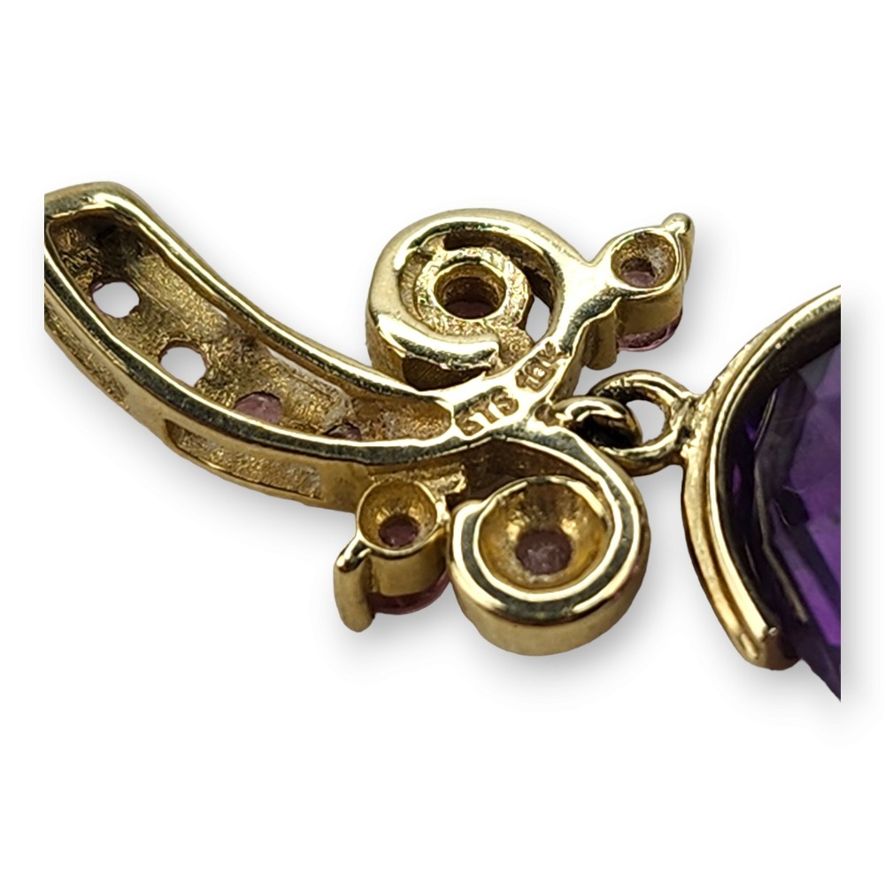 Pendant 10KT Yellow Gold Amethyst Pink Tourmaline Vintage Large Faceted Purple‎ - Picture 9 of 11